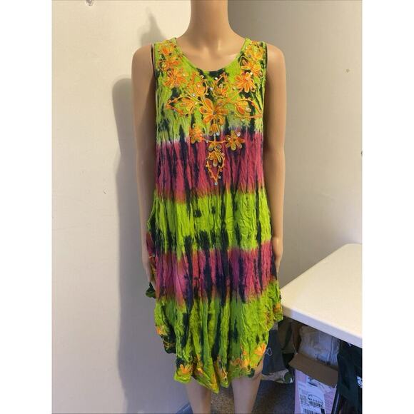 Women 2X Tie Dye Embroidery Colorful Mumu House Dress Tropical Beach Hawaiian - Picture 10 of 11